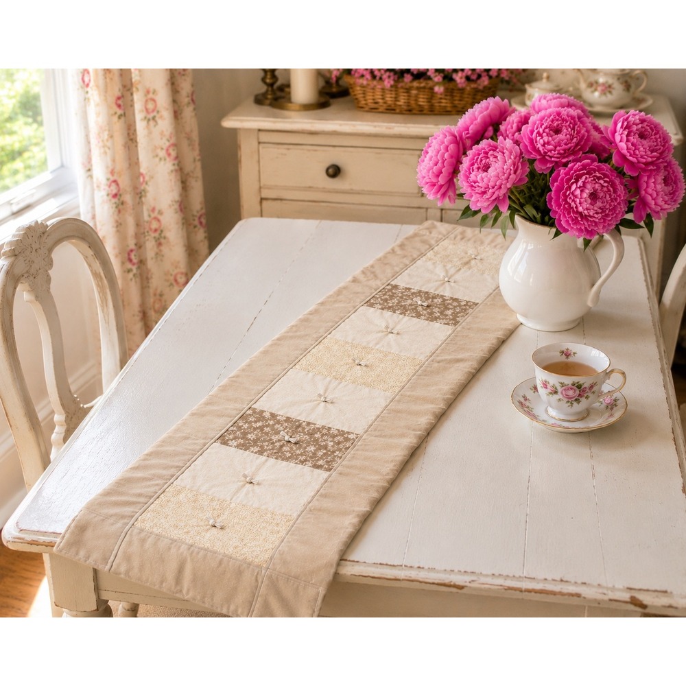 Neutral Patchwork Quilted Table Runner Rustic Cottage Farmhouse Decor